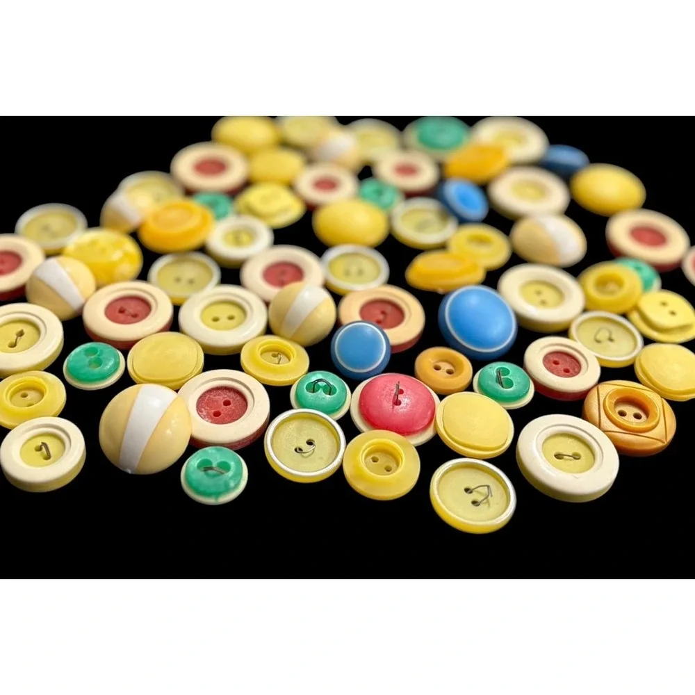 65+ Vintage Plastic Sewing Buttons Lot Two Tone Halo Layered Cream Yellow Mixed